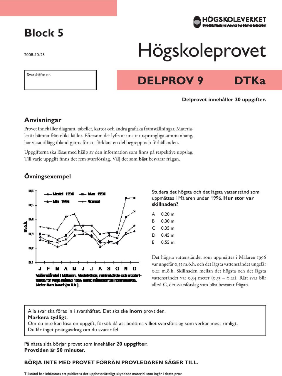 Uppgifterna ska lösas med hjälp av den information som finns på respektive uppslag. Till varje uppgift finns det fem svarsförslag. Välj det som bäst besvarar frågan.