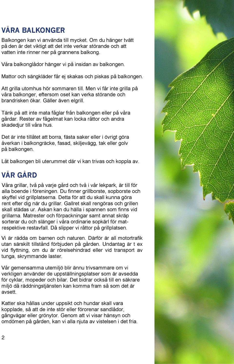 Men vi får inte grilla på våra balkonger, eftersom oset kan verka störande och brandrisken ökar. Gäller även elgrill. Tänk på att inte mata fåglar från balkongen eller på våra gårdar.