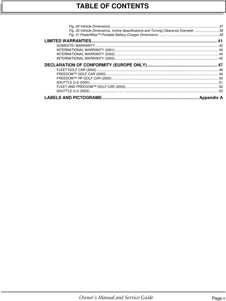 ..43 INTERNATIONAL WARRANTY (2002)...44 INTERNATIONAL WARRANTY (2003)...45 DECLARATION OF CONFORMITY (EUROPE ONLY)... 47 FLEET GOLF CAR (2000).