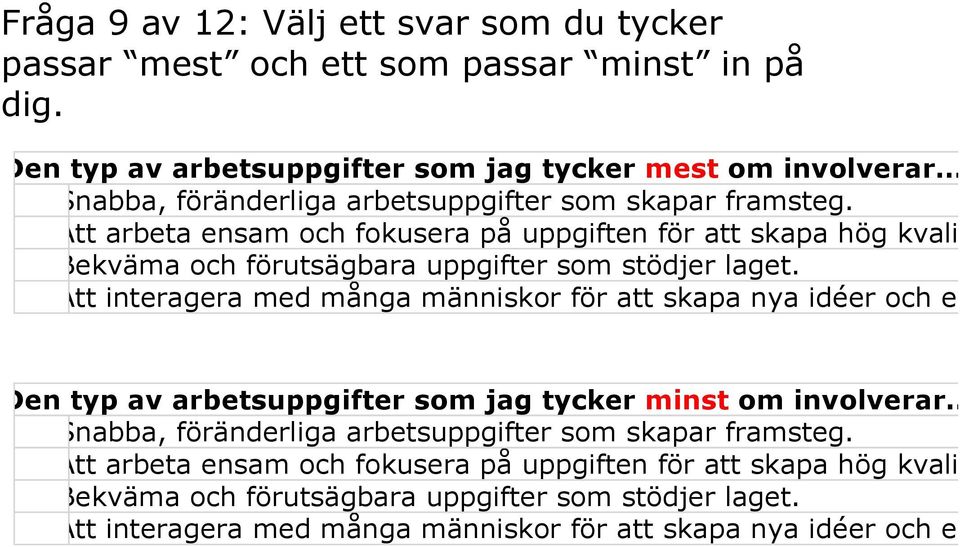 Att interagera med många människor för att skapa nya idéer och en Den typ av arbetsuppgifter som jag tycker minst om involverar Snabba, föränderliga arbetsuppgifter