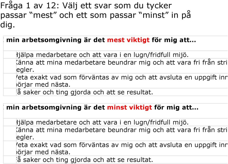 Få saker och ting gjorda och att se resultat. I min arbetsomgivning är det minst viktigt för mig att Hjälpa medarbetare och att vara i en lugn/fridfull mijö.