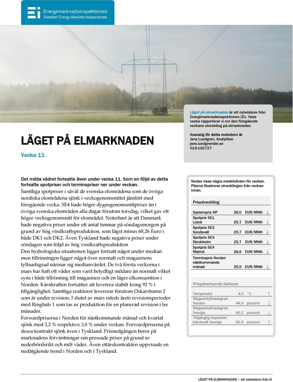 se 16-162727 Det milda vädret fortsatte även under vecka 11. Som en följd av detta fortsatte spotpriser och terminspriser ner under veckan.