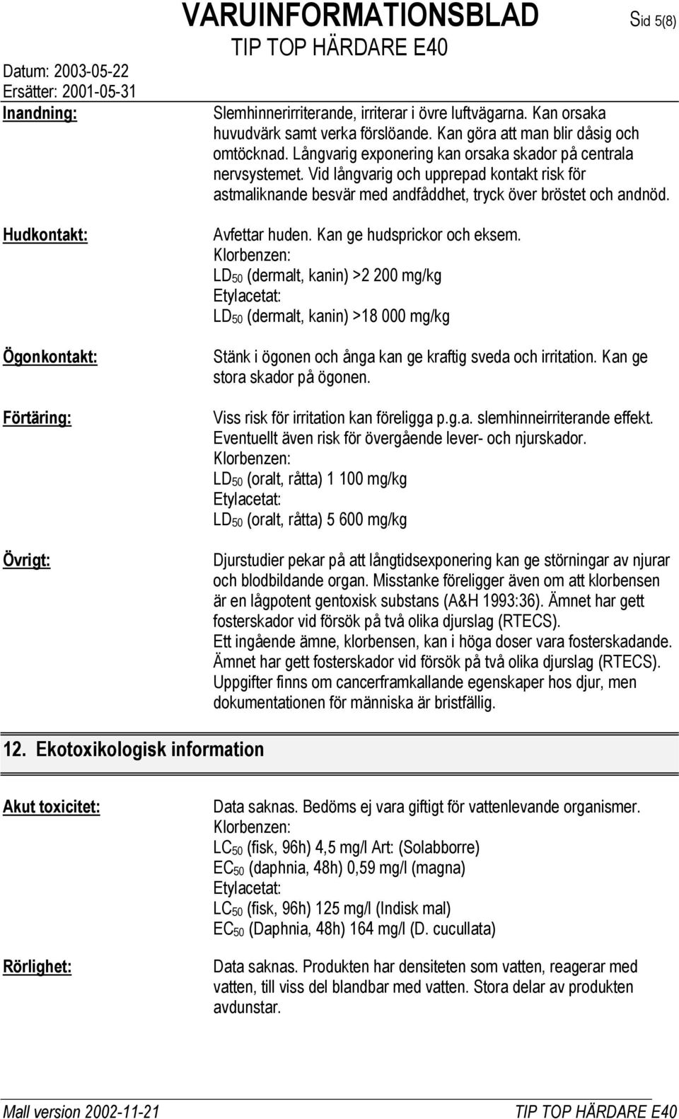 Vid långvarig och upprepad kontakt risk för astmaliknande besvär med andfåddhet, tryck över bröstet och andnöd. Avfettar huden. Kan ge hudsprickor och eksem.