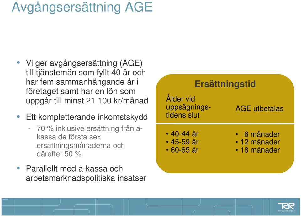 ersättning från a- kassa de första sex ersättningsmånaderna och därefter 50 % Ålder vid uppsägningstidens slut 40-44 år