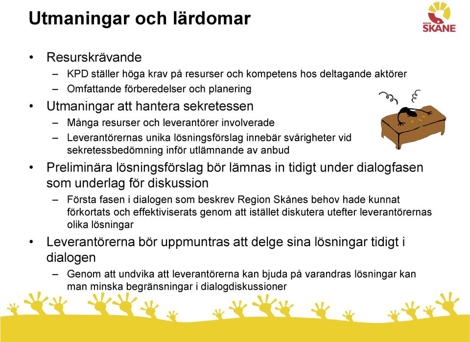 under dialogfasen som underlag för diskussion Första fasen i dialogen som beskrev Region Skånes behov hade kunnat förkortats och effektiviserats genom att istället diskutera utefter leverantörernas