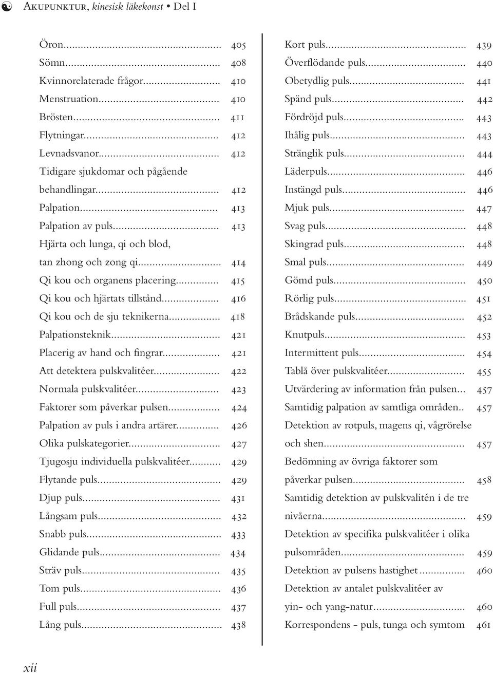 .. 415 Qi kou och hjärtats tillstånd... 416 Qi kou och de sju teknikerna... 418 Palpationsteknik... 421 Placerig av hand och fingrar... 421 Att detektera pulskvalitéer... 422 Normala pulskvalitéer.