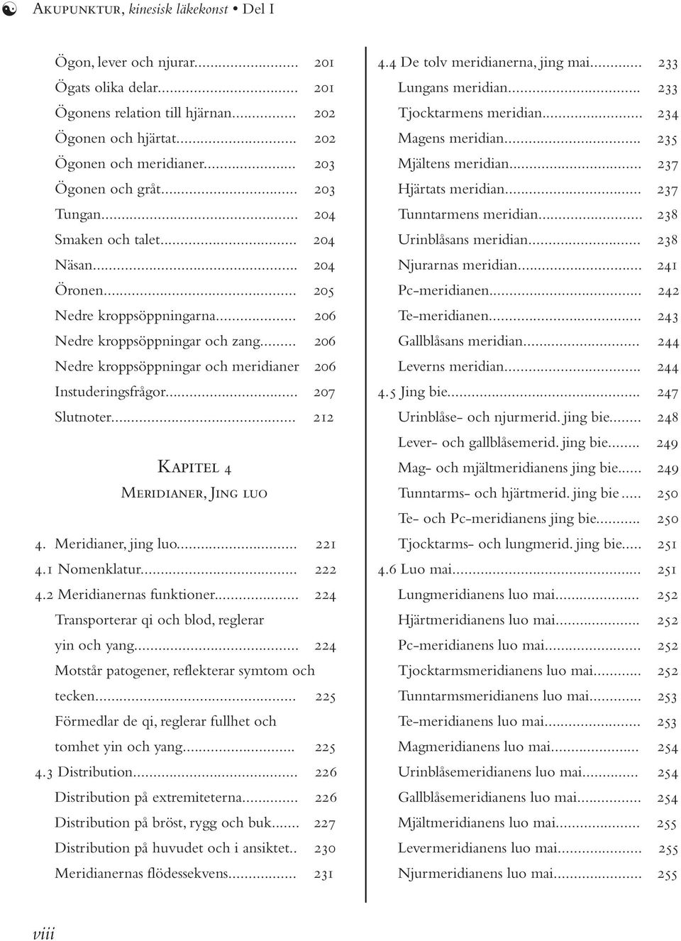 .. 207 Slutnoter... 212 Kapitel 4 Meridianer, Jing luo 4. Meridianer, jing luo... 221 4.1 Nomenklatur... 222 4.2 Meridianernas funktioner... 224 Transporterar qi och blod, reglerar yin och yang.