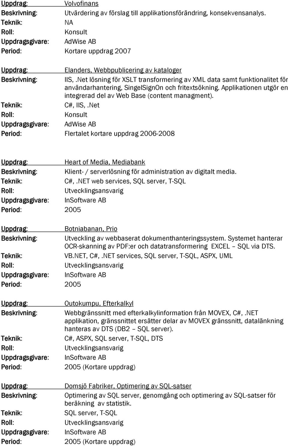 C#, IIS,.Net Konsult Uppdragsgivare: AdWise AB Period: Flertalet kortare uppdrag 2006-2008 Heart of Media, Mediabank Klient- / serverlösning för administration av digitalt media. C#,.