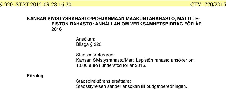 Ansökan: Bilaga 320 Stadssekreteraren: Kansan Sivistysrahasto/Matti Lepistön rahasto