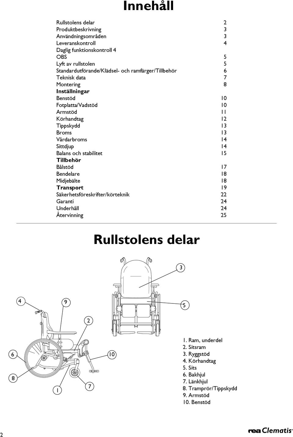 14 alans och stabilitet 15 Tillbehör ålstöd 17 endelare 18 Midjebälte 18 Transport 19 Säkerhetsföreskrifter/körteknik 22 Garanti 24 Underhåll 24 Återvinning 25