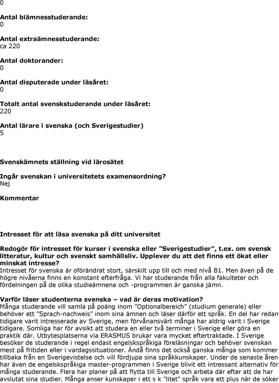 Nej Kommentar Intresset för att läsa svenska på ditt universitet Redogör för intresset för kurser i svenska eller Sverigestudier, t.ex. om svensk litteratur, kultur och svenskt samhällsliv.