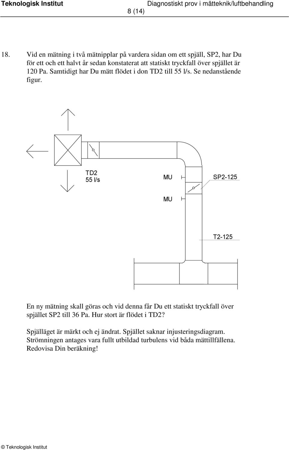 över spjället är 120 Pa. Samtidigt har Du mätt flödet i don TD2 till 55 l/s. Se nedanstående figur.