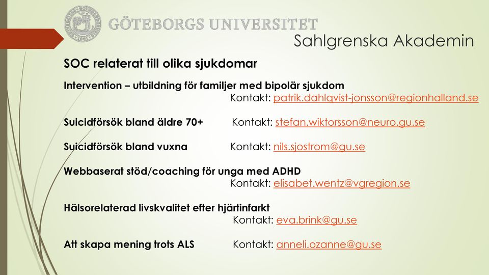 wiktorsson@neuro.gu.se Kontakt: nils.sjostrom@gu.se Webbaserat stöd/coaching för unga med ADHD Kontakt: elisabet.