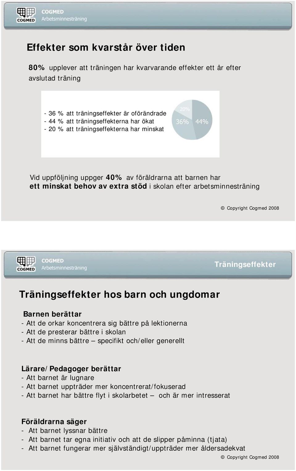 hos barn och ungdomar Barnen berättar - Att de orkar koncentrera sig bättre på lektionerna - Att de presterar bättre i skolan - Att de minns bättre specifikt och/eller generellt Lärare/Pedagoger