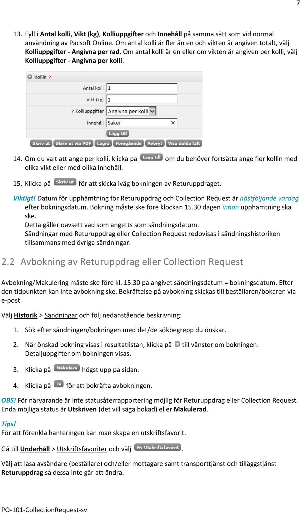 Returuppdrag och Collection Request Pacsoft Online - PDF Gratis nedladdning