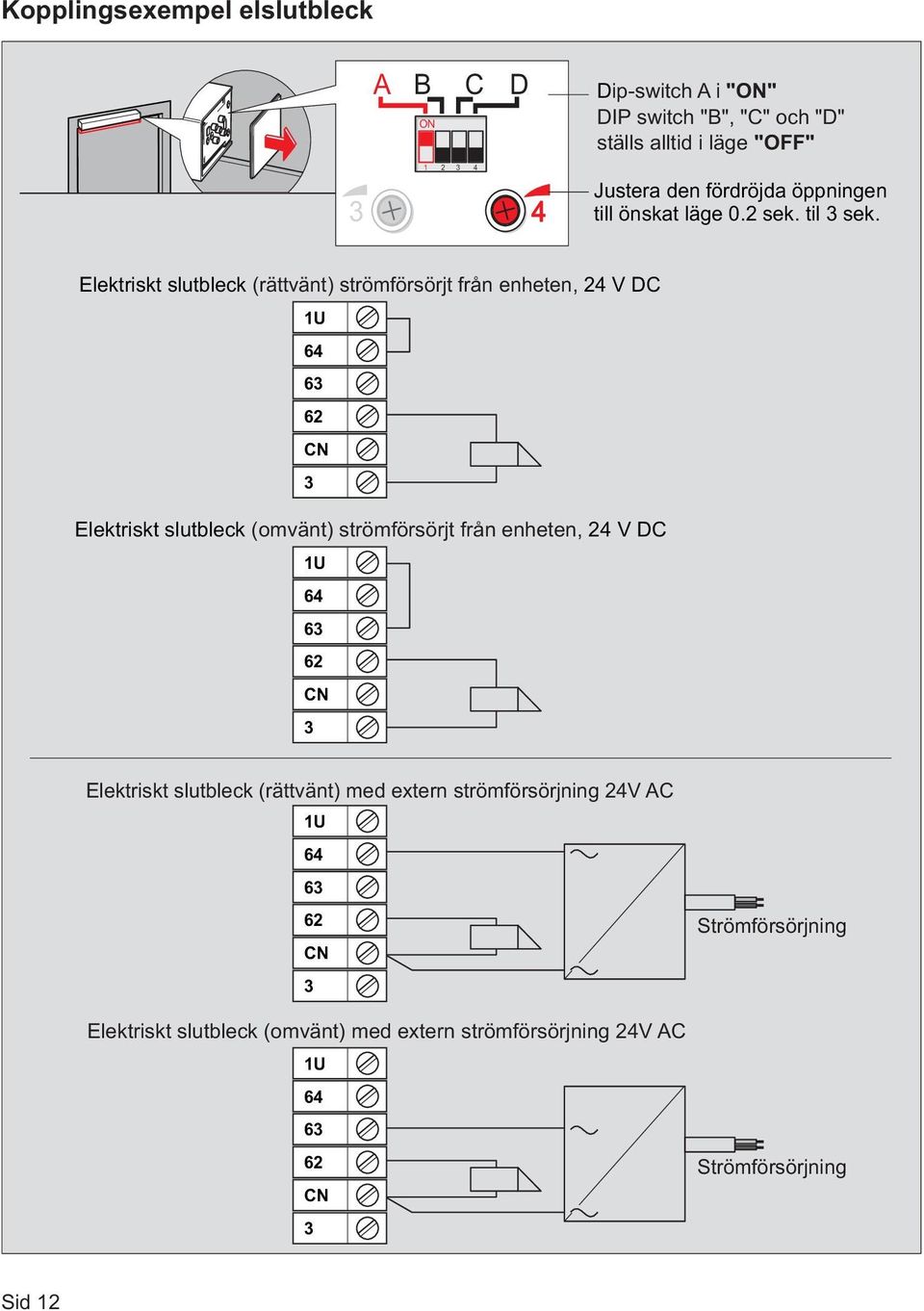 Elektriskt slutbleck (rättvänt) strömförsörjt från enheten, 24 V DC 1U 64 6 62 CN Elektriskt slutbleck (omvänt) strömförsörjt från