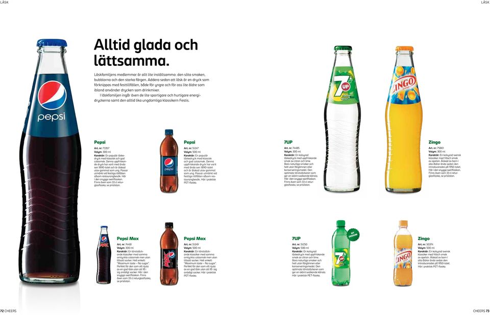 I läskfamiljen ingår även de lite sportigare och hurtigare energidryckerna samt den alltid lika ungdomliga klassikern Festis. Pepsi Pepsi 7UP Zingo Art.