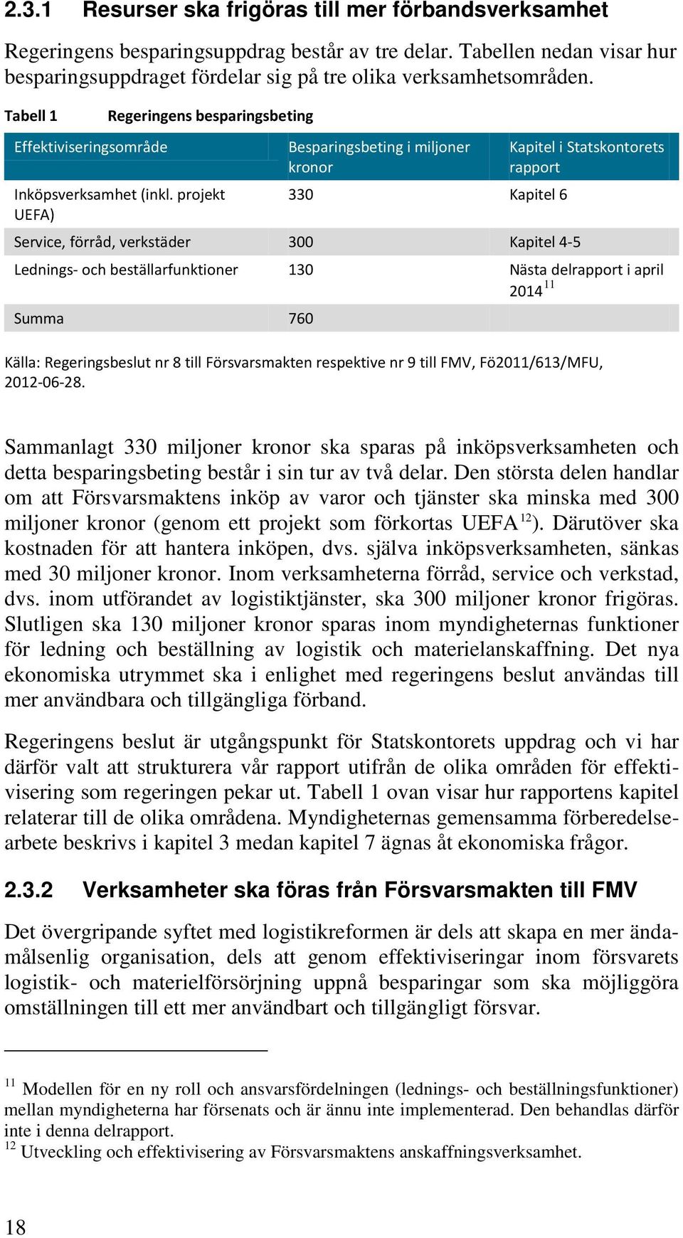 projekt 330 Kapitel 6 UEFA) Service, förråd, verkstäder 300 Kapitel 4-5 Lednings- och beställarfunktioner 130 Nästa delrapport i april 2014 11 Summa 760 Källa: Regeringsbeslut nr 8 till