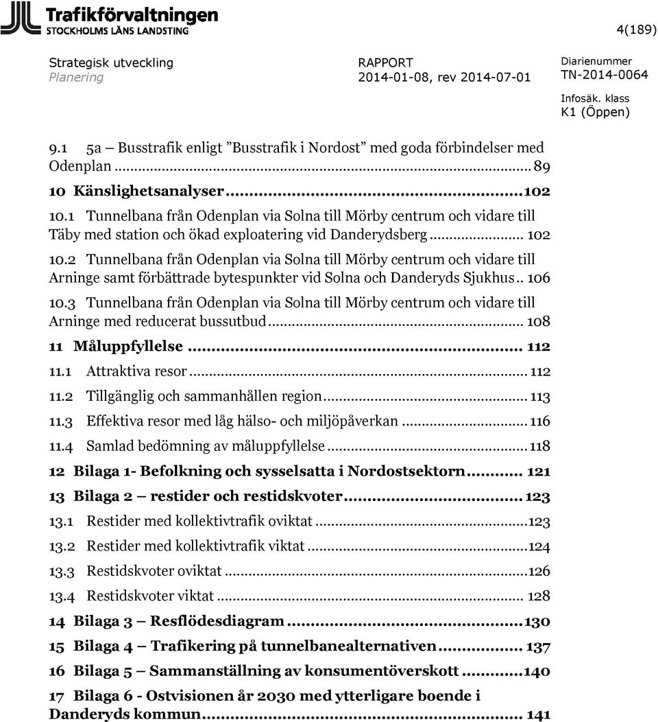 2 Tunnelbana från Odenplan via Solna till Mörby centrum och vidare till Arninge samt förbättrade bytespunkter vid Solna och Danderyds Sjukhus.. 106 10.
