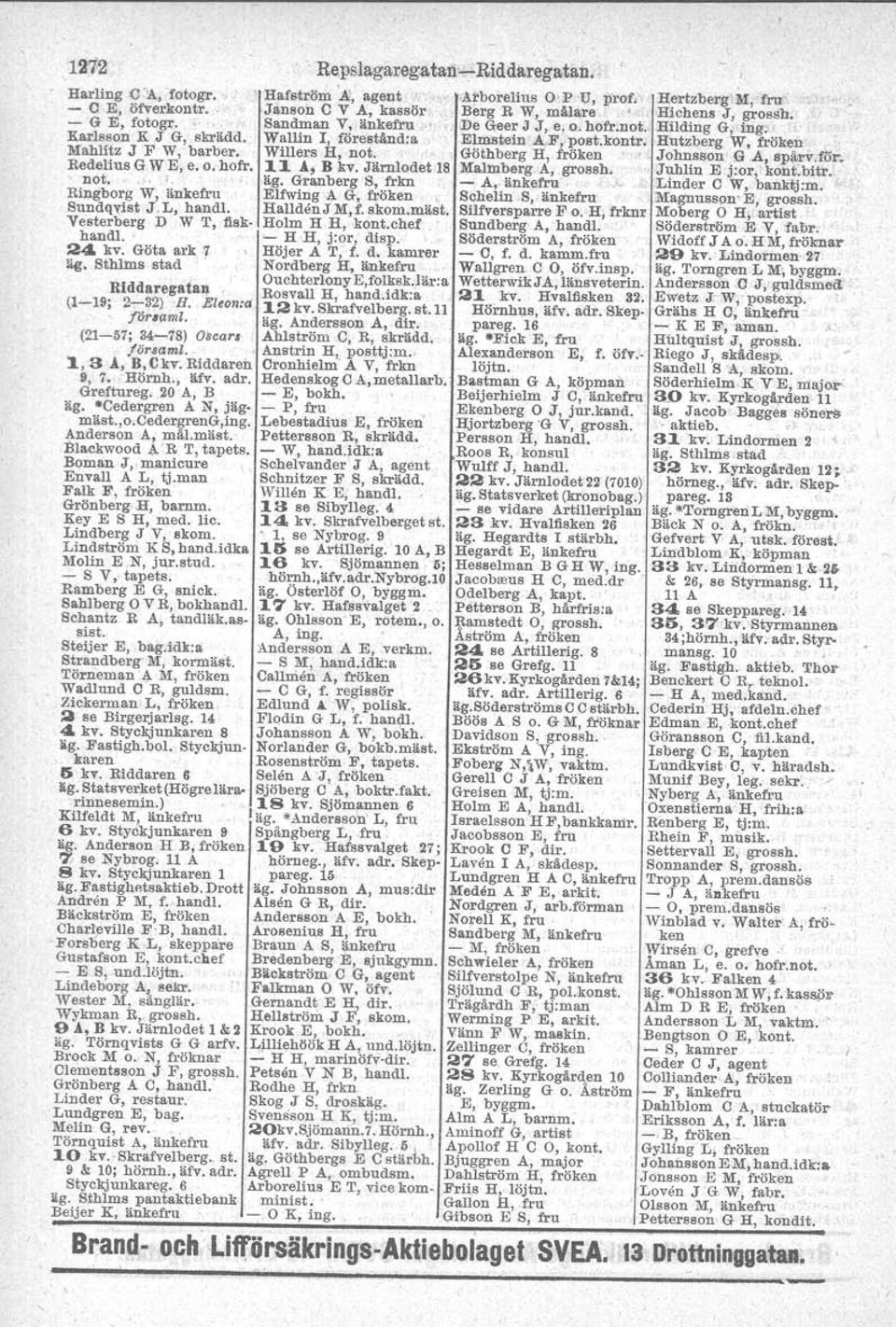 Wallin l, föreständ:a Elmstein A.F, post.kontr, Hutzberg W, fröken. Mahlltz J F W, barber. Willers H, not. Göthberg H, fröken.. Johnsson' G A, s,pl),rv.för. RedeliusGWE,.e.o.hofr. 11 Å, Bkv.