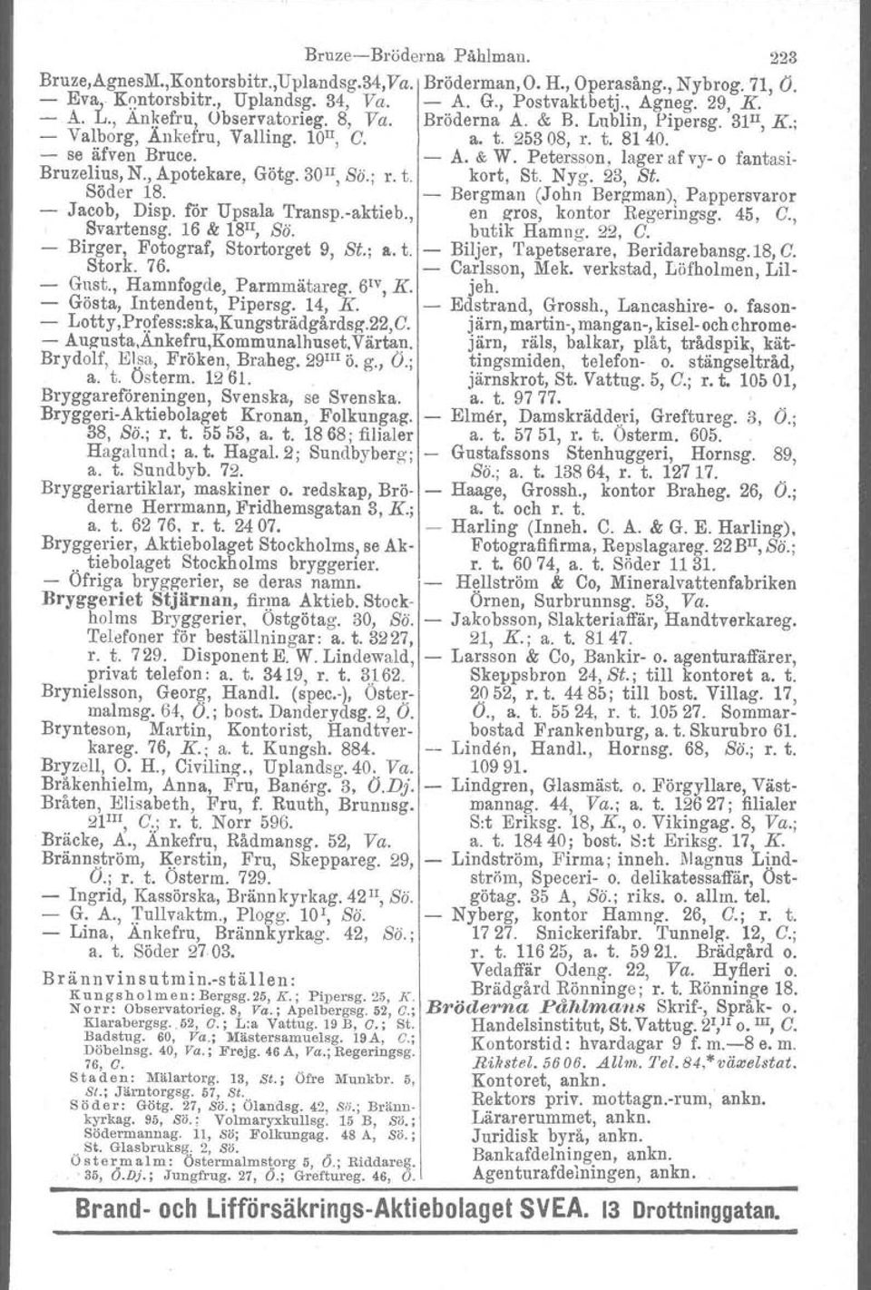 Petersson, lager af vy o fantasi Bruzelius, N., Apotekare, Götg. 30 H, So.: r. t. kort, St. Nyg. 23, St. Söder 18. Bergman (John Bergman)l Pappersvaror Jacob, Disp. ror Upsala Transp.aktieb.