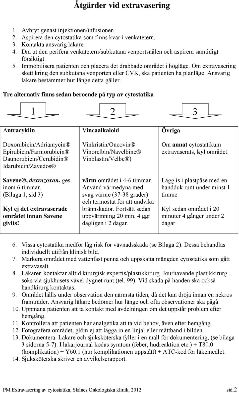 Om extravasering skett kring den subkutana venporten eller CVK, ska patienten ha planläge. Ansvarig läkare bestämmer hur länge detta gäller.