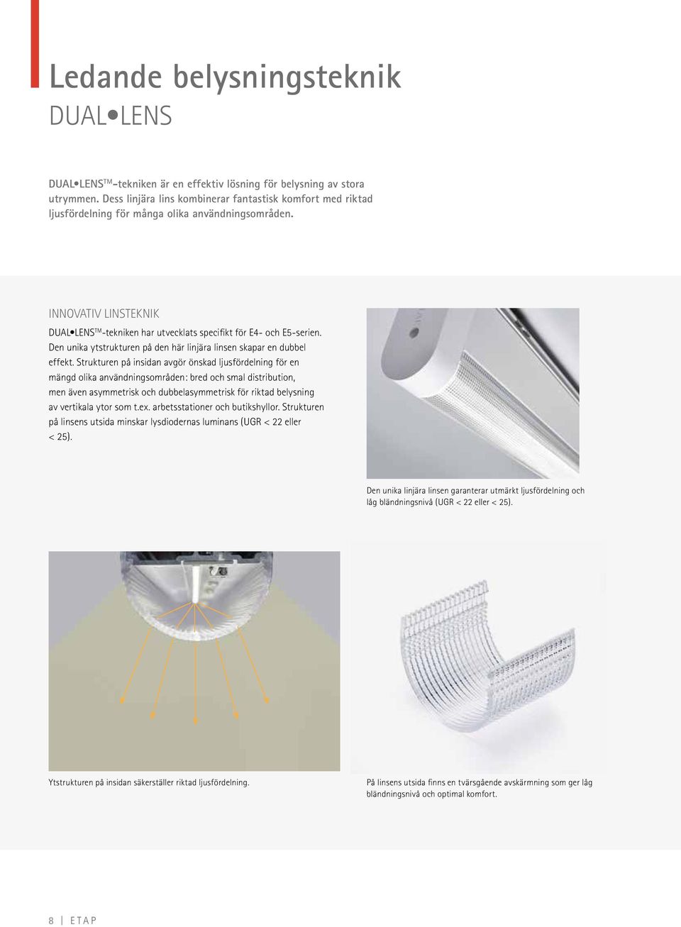 INNOVATIV LINSTEKNIK DUAL LENS TM -tekniken har utvecklats specifikt för E4- och E5-serien. Den unika ytstrukturen på den här linjära linsen skapar en dubbel effekt.