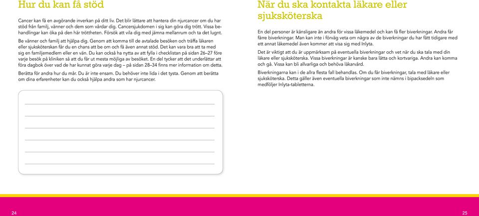 Genom att komma till de avtalade besöken och träffa läkaren eller sjuksköterskan får du en chans att be om och få även annat stöd. Det kan vara bra att ta med sig en familjemedlem eller en vän.