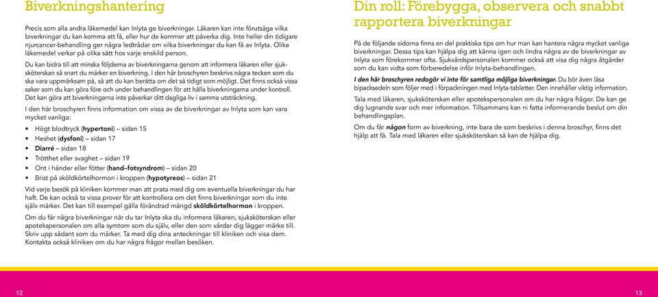 Du kan bidra till att minska följderna av biverkningarna genom att informera läkaren eller sjuksköterskan så snart du märker en biverkning.