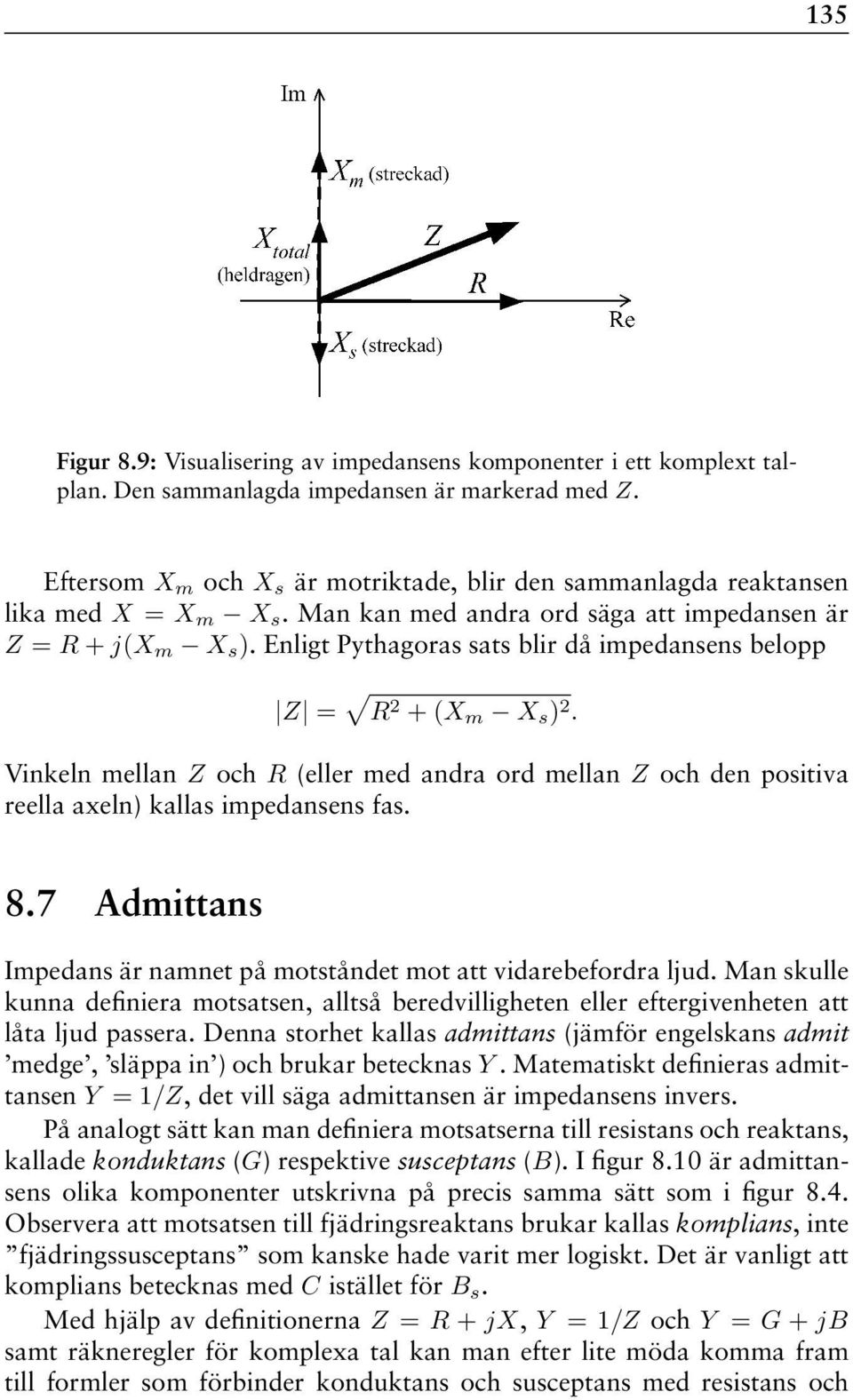 Enligt Pythagoras sats blir då impedansens belopp Z = R 2 + (X m X s ) 2. Vinkeln mellan Z och R (eller med andra ord mellan Z och den positiva reella axeln) kallas impedansens fas. 8.