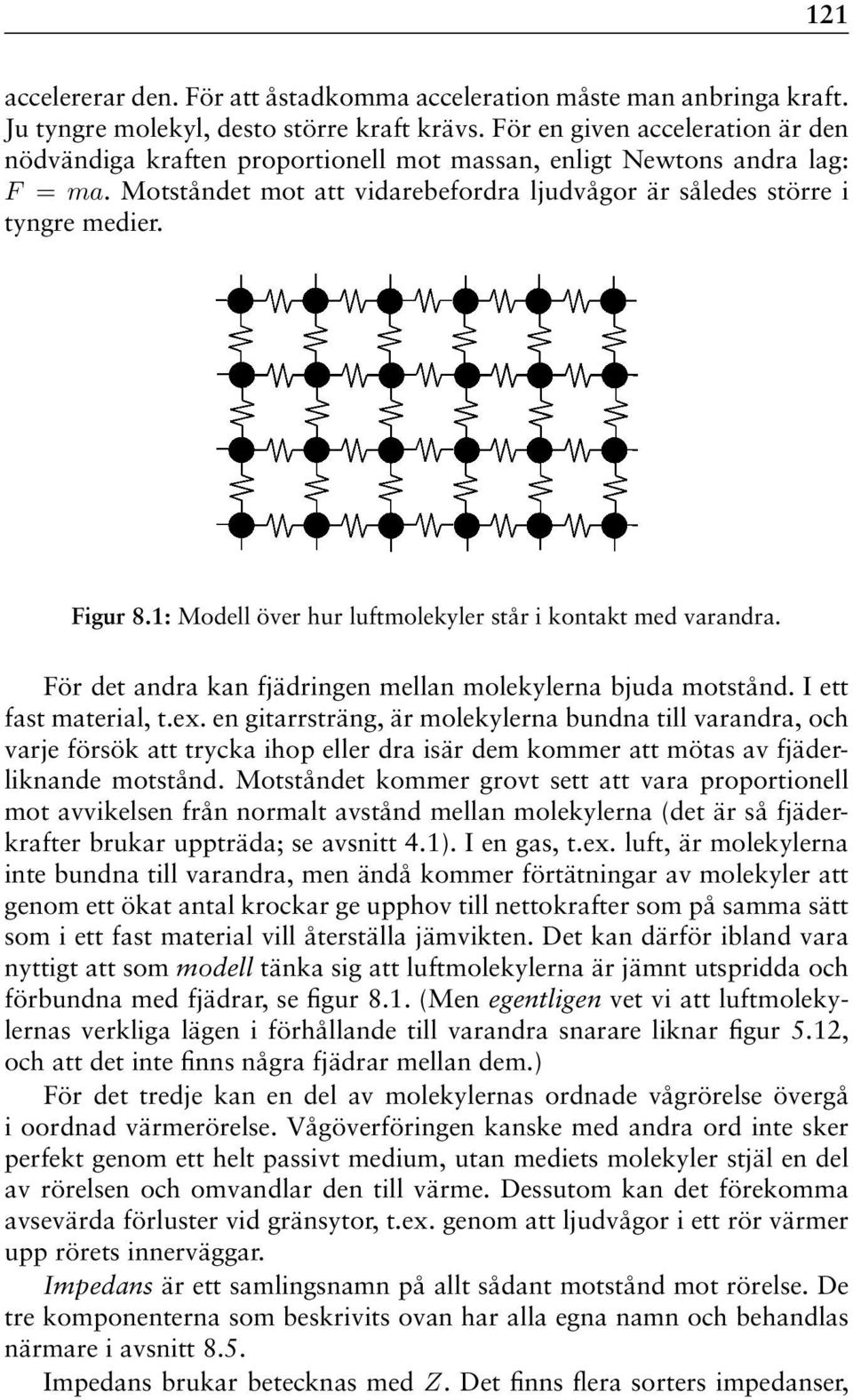 1: Modell över hur luftmolekyler står i kontakt med varandra. För det andra kan fjädringen mellan molekylerna bjuda motstånd. I ett fast material, t.ex.