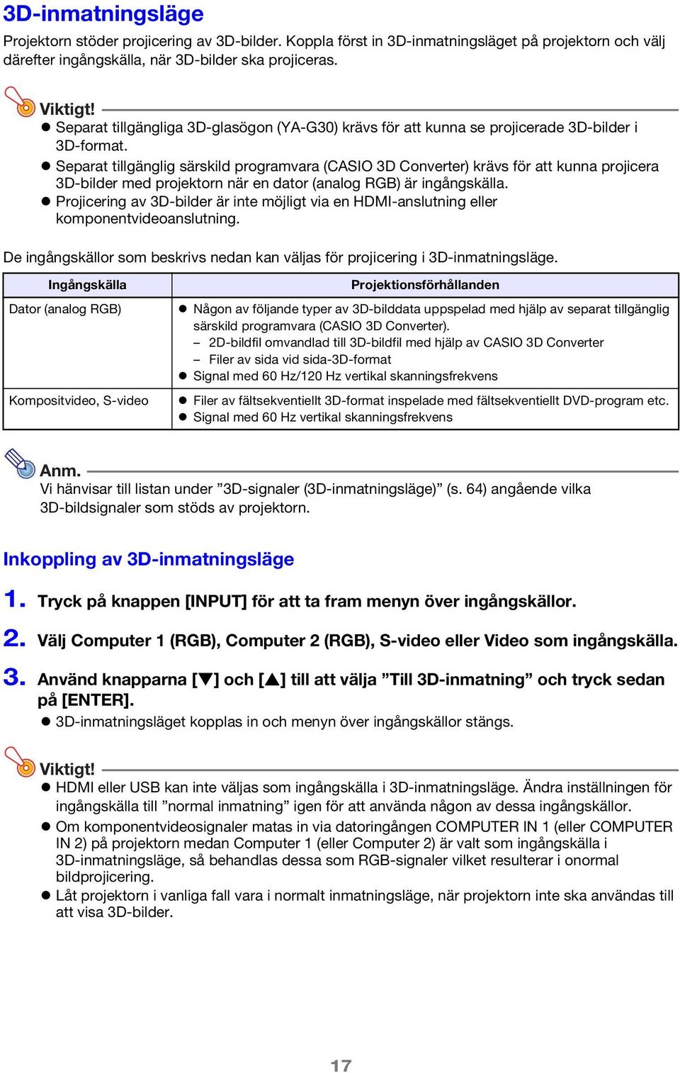 Separat tillgänglig särskild programvara (CASIO 3D Converter) krävs för att kunna projicera 3D-bilder med projektorn när en dator (analog RGB) är ingångskälla.