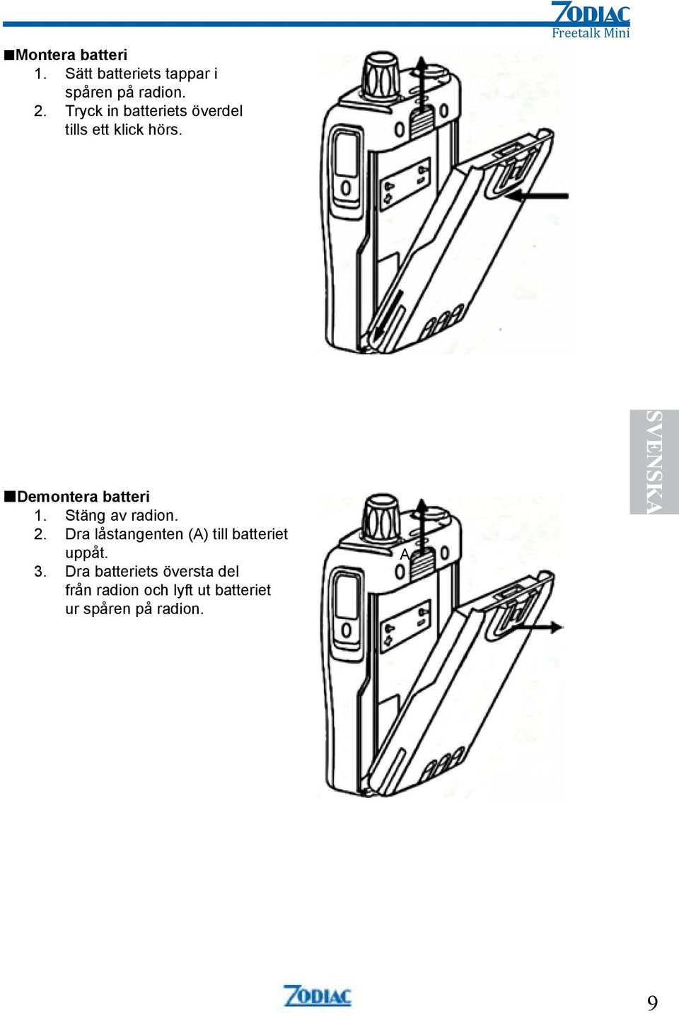 Freetalk Mini Demontera batteri 1. Stäng av radion. 2.