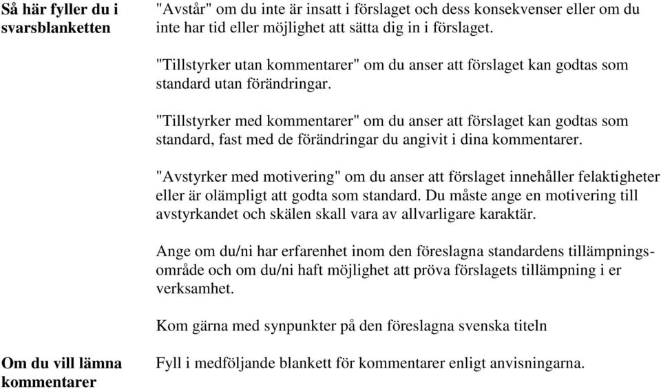 "Tillstyrker med kommentarer" om du anser att förslaget kan godtas som standard, fast med de förändringar du angivit i dina kommentarer.