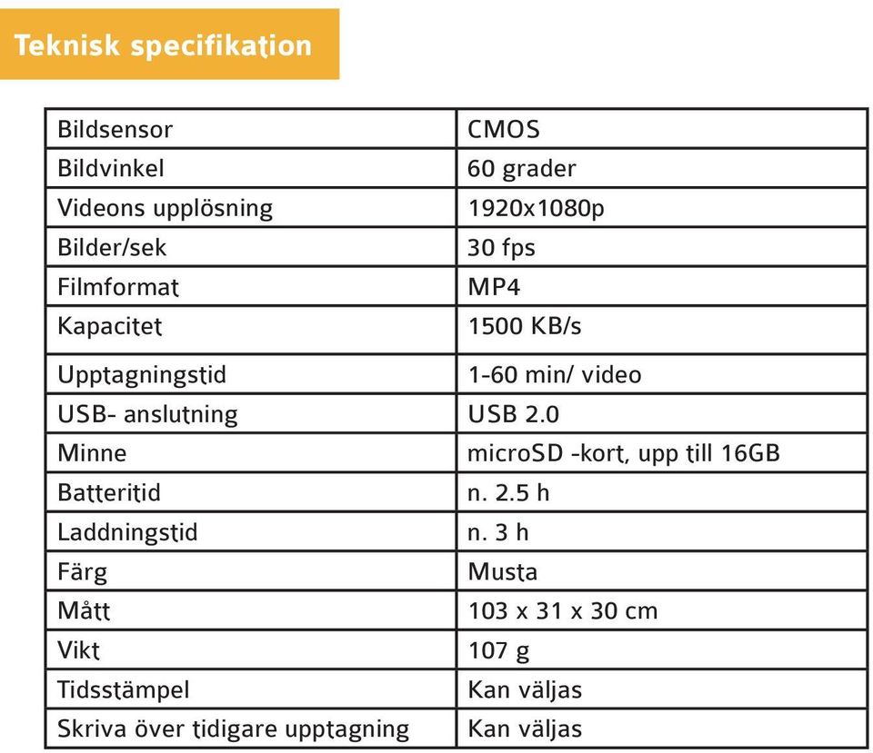 USB 2.0 Minne microsd -kort, upp till 16GB Batteritid n. 2.5 h Laddningstid n.