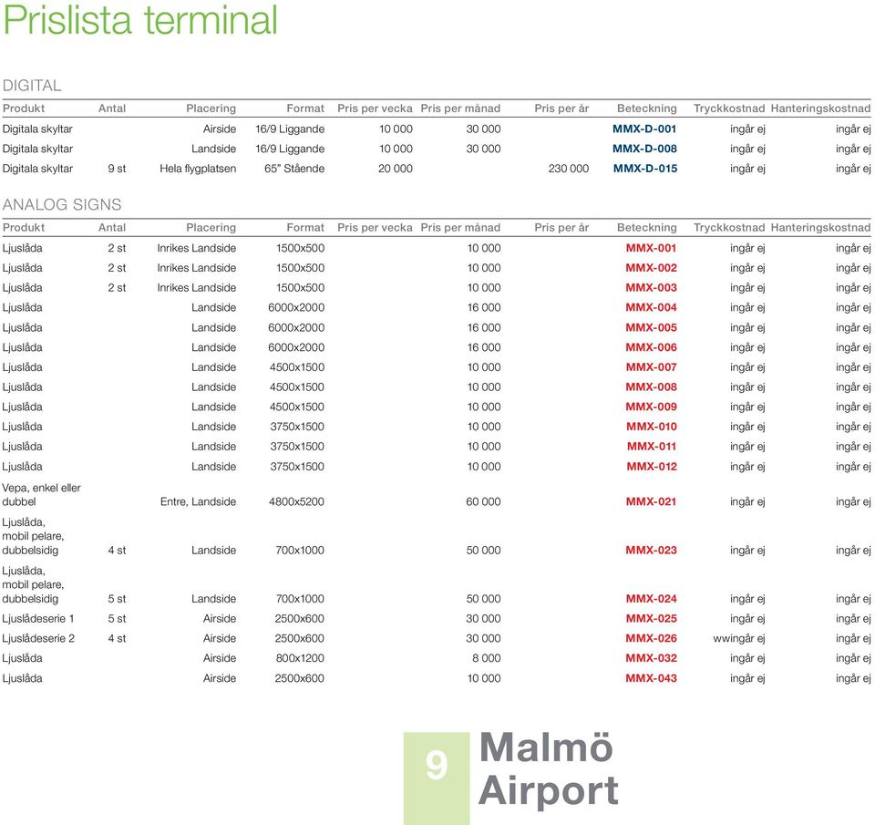 SIGNS Produkt Antal Placering Format Pris per vecka Pris per månad Pris per år Beteckning Tryckkostnad Hanteringskostnad Ljuslåda 2 st Inrikes Landside 1500x500 10 000 MMX-001 ingår ej ingår ej