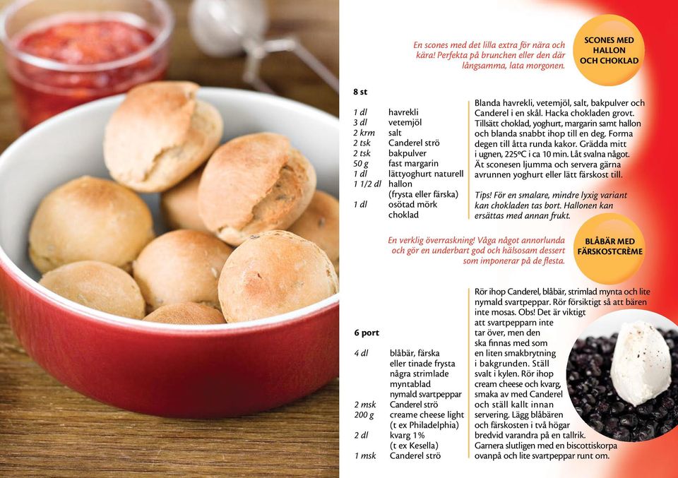 osötad mörk choklad Blanda havrekli, vetemjöl, salt, bakpulver och Canderel i en skål. Hacka chokladen grovt. Tillsätt choklad, yoghurt, margarin samt hallon och blanda snabbt ihop till en deg.