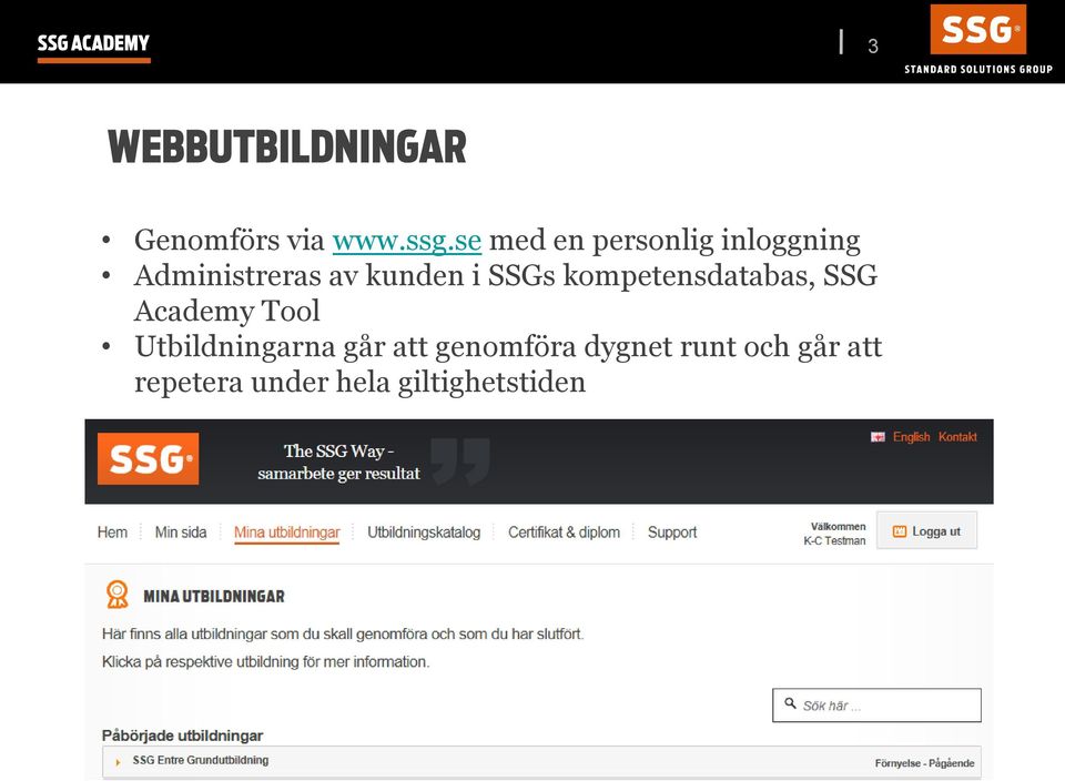 SSGs kompetensdatabas, SSG Academy Tool Utbildningarna går