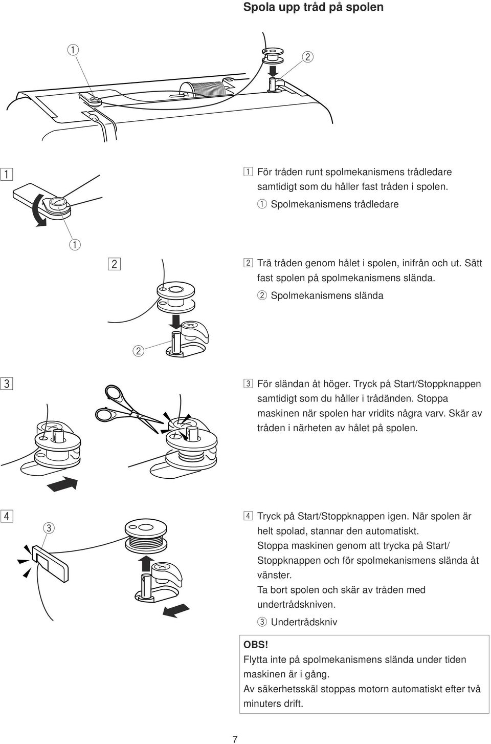 Skä av tådn i nähtn av hålt på spoln. v v Tyck på Stat/Stoppknappn ign. Nä spoln ä hlt spolad, stanna dn automatiskt.