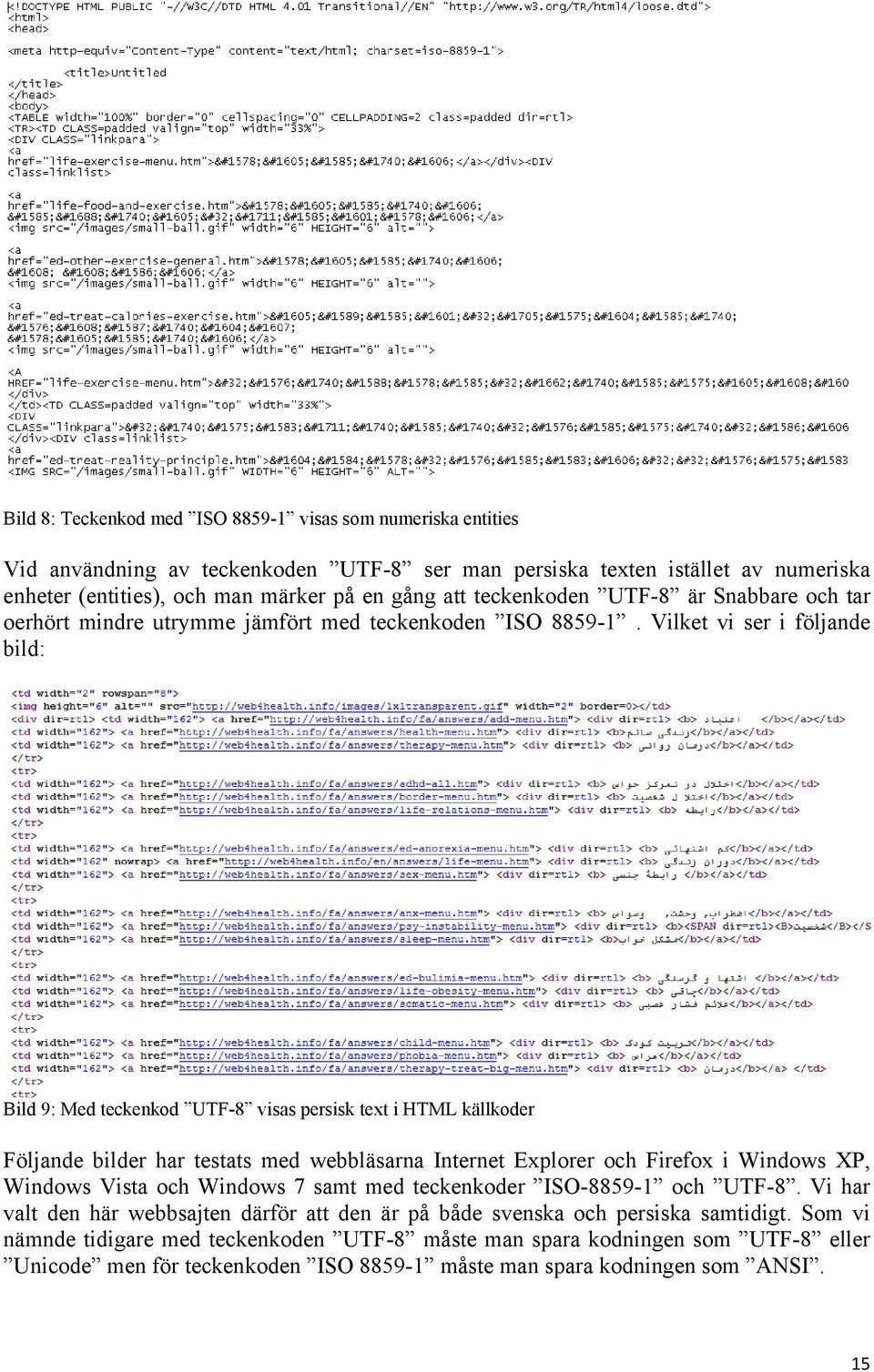 Vilket vi ser i följande bild: Bild 9: Med teckenkod UTF-8 visas persisk text i HTML källkoder Följande bilder har testats med webbläsarna Internet Explorer och Firefox i Windows XP, Windows Vista
