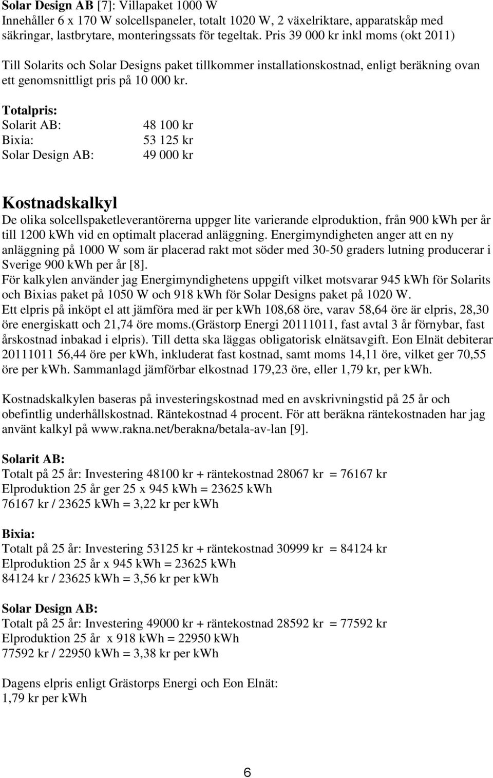 Totalpris: Solarit AB: Bixia: Solar Design AB: 48 100 kr 53 125 kr 49 000 kr Kostnadskalkyl De olika solcellspaketleverantörerna uppger lite varierande elproduktion, från 900 kwh per år till 1200 kwh