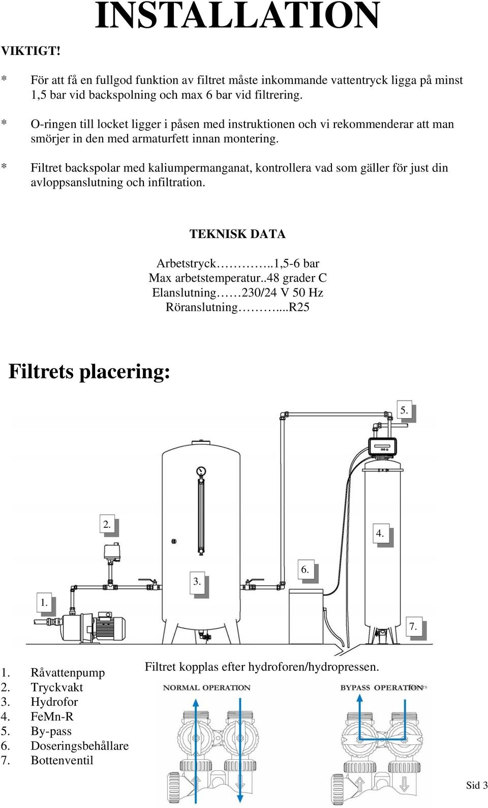 * Filtret backspolar med kaliumpermanganat, kontrollera vad som gäller för just din avloppsanslutning och infiltration. TEKNISK DATA Arbetstryck..1,5-6 bar Max arbetstemperatur.