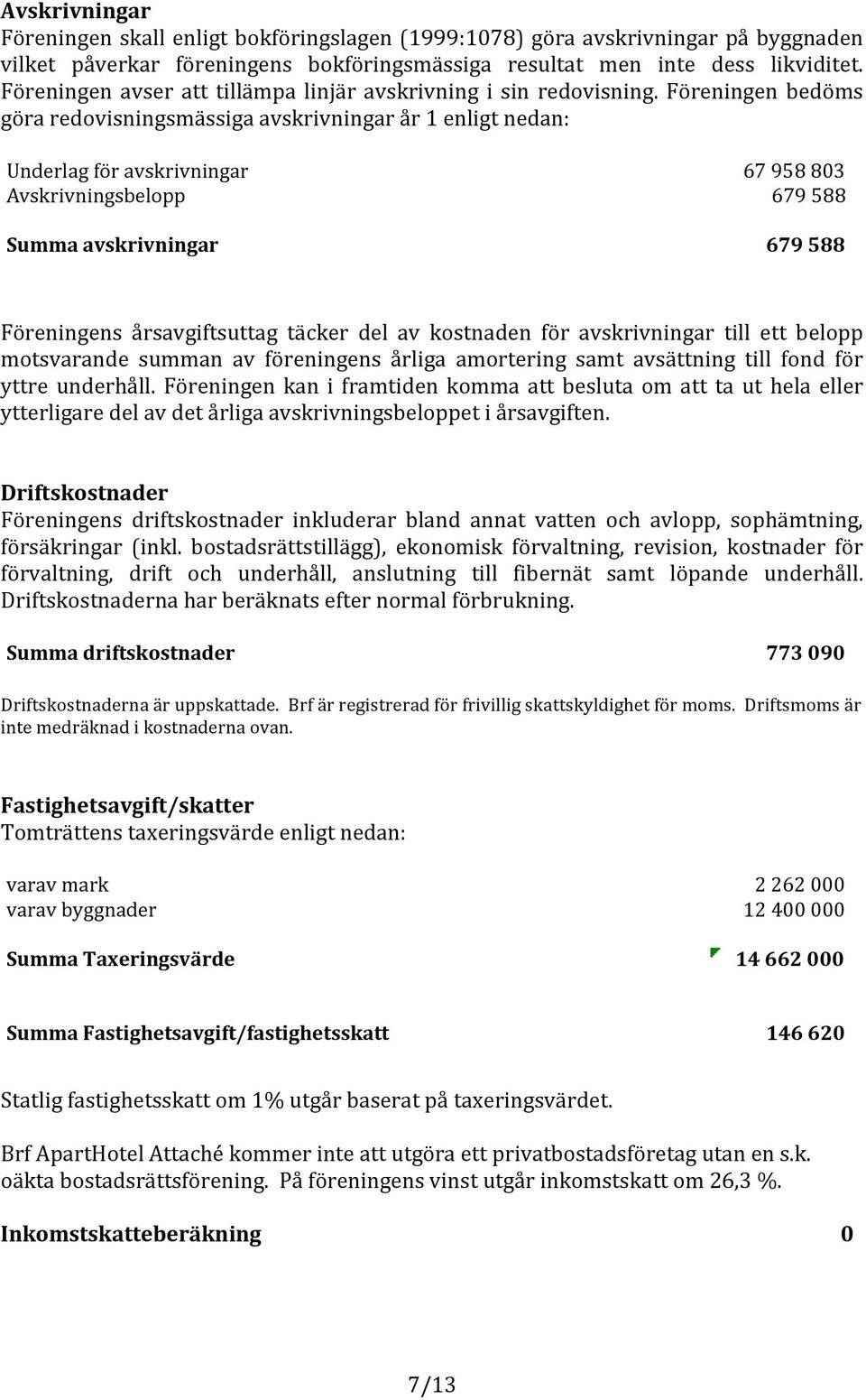 Föreningen bedöms göraredovisningsmässigaavskrivningarår1enligtnedan: Underlag)för)avskrivningar 67)958)803 Avskrivningsbelopp 679)588 Summa%avskrivningar 679%588 Föreningens årsavgiftsuttag täcker