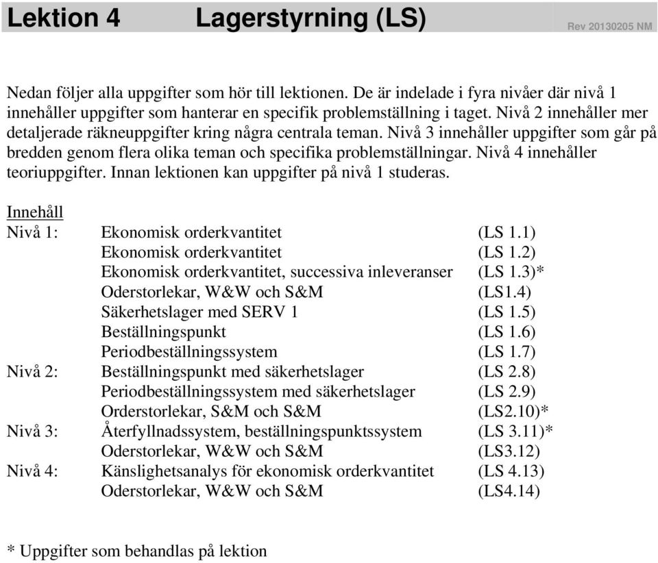 Nivå 4 innehåller eoriuppgifer. Innan lekionen kan uppgifer på nivå 1 suderas. Innehåll Nivå 1: Ekonomisk orderkvanie (S 1.1) Ekonomisk orderkvanie (S 1.