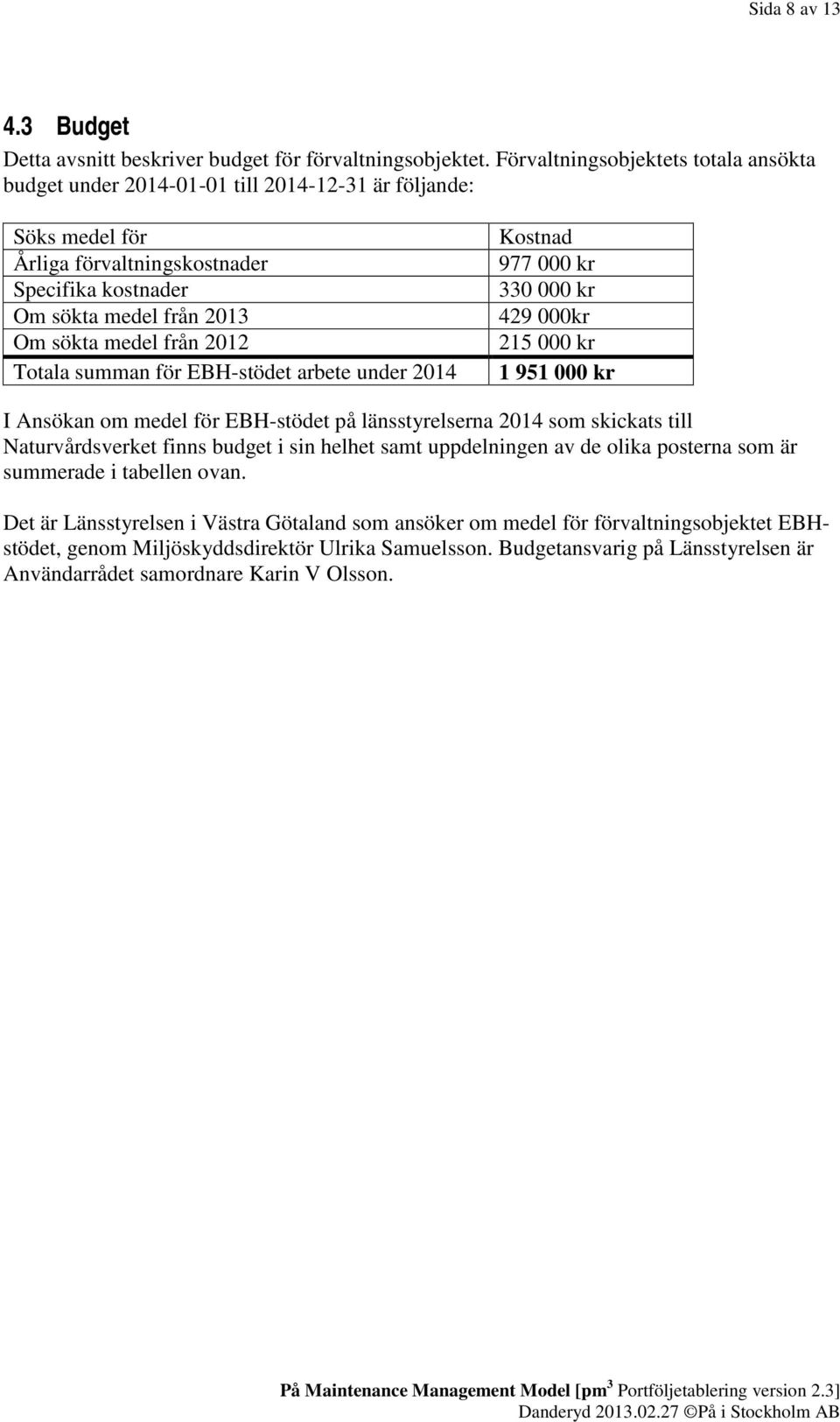 2012 Totala summan för EBH-stödet arbete under 2014 Kostnad 977 000 kr 330 000 kr 429 000kr 215 000 kr 1 951 000 kr I Ansökan om medel för EBH-stödet på länsstyrelserna 2014 som skickats till