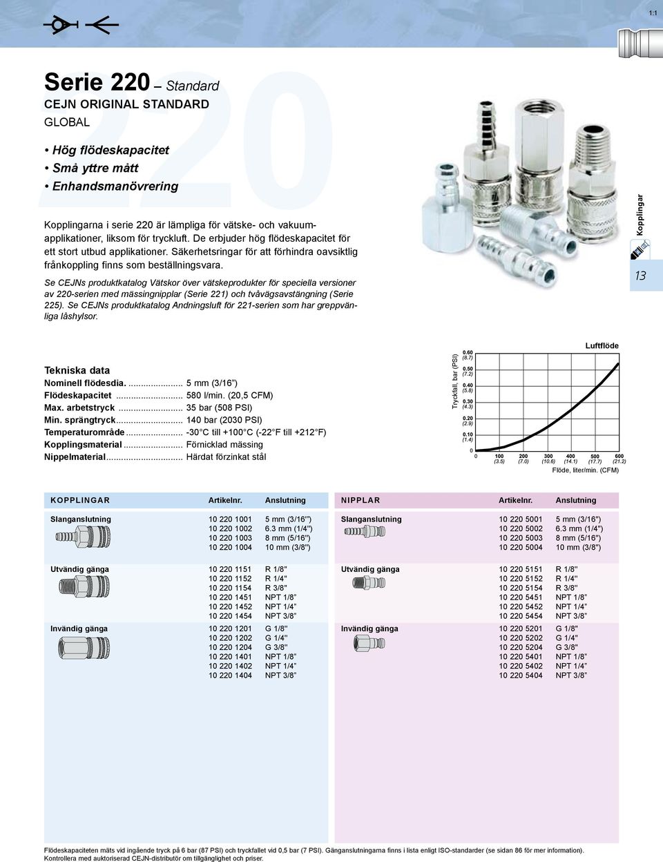 Se CEJNs produktkatalog Vätskor över vätskeprodukter för speciella versioner av 220-serien med mässingnipplar (Serie 221) och tvåvägsavstängning (Serie 225).