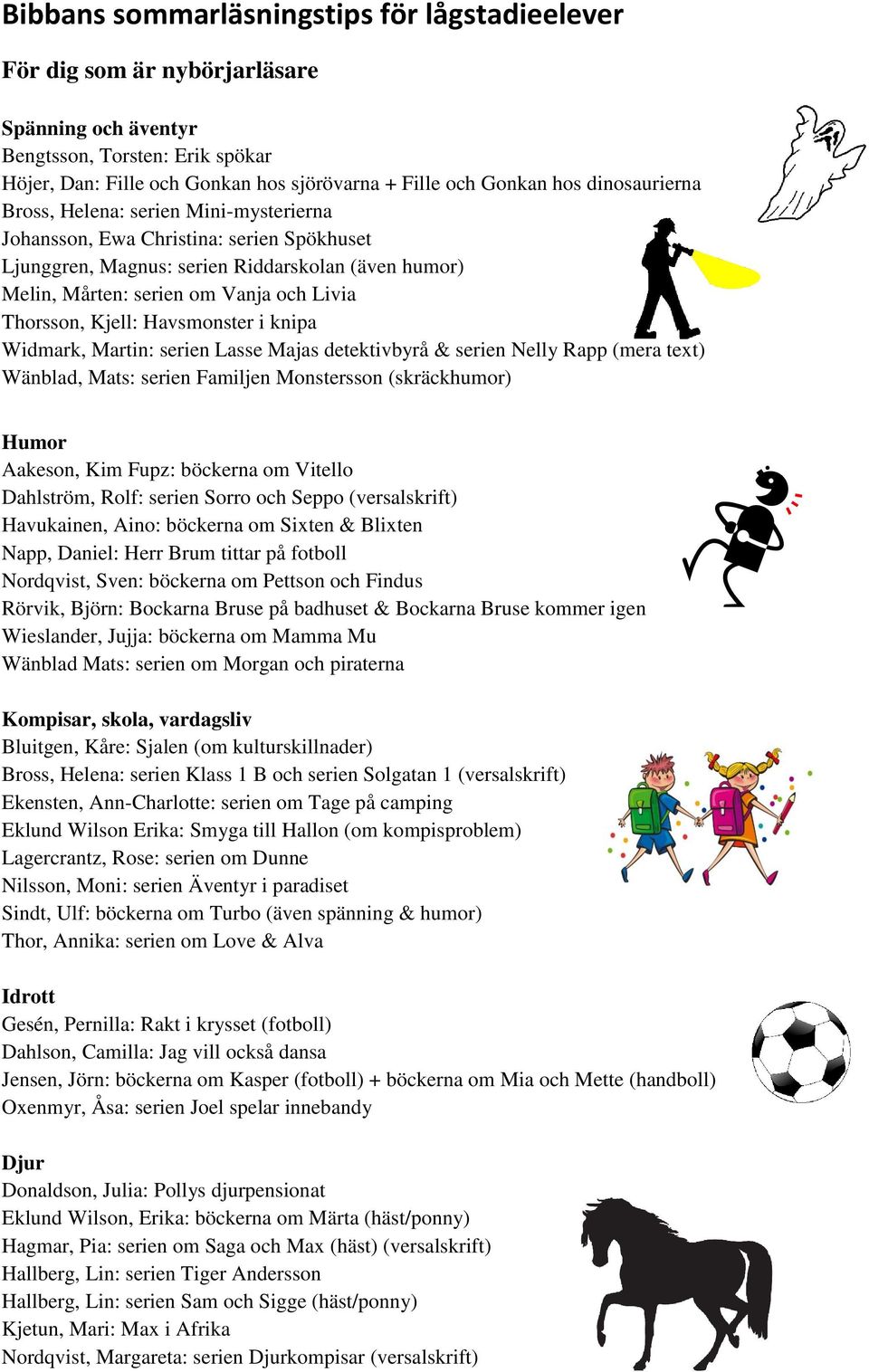 Kjell: Havsmonster i knipa Widmark, Martin: serien Lasse Majas detektivbyrå & serien Nelly Rapp (mera text) Wänblad, Mats: serien Familjen Monstersson (skräckhumor) Aakeson, Kim Fupz: böckerna om
