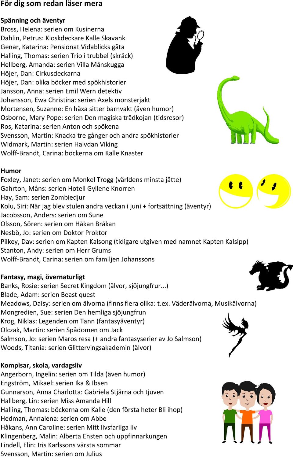 serien Axels monsterjakt Mortensen, Suzanne: En häxa sitter barnvakt (även humor) Osborne, Mary Pope: serien Den magiska trädkojan (tidsresor) Ros, Katarina: serien Anton och spökena Svensson,