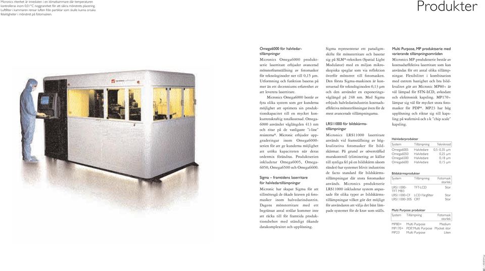 Produkter Omega6000 för halvledartillämpningar Micronics Omega6000 produktserie laserritare erbjuder avancerad mönsterframställning av fotomasker för teknologinoder ner till 0,15 µm.