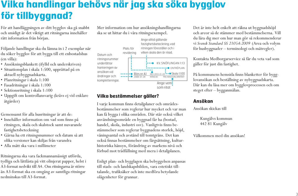 Följande handlingar ska du lämna in i 2 exemplar när du söker bygglov för att bygga till ett enbostadshus (en villa): Ansökningsblankett (ifylld och underskriven) Situationsplan i skala 1:500,